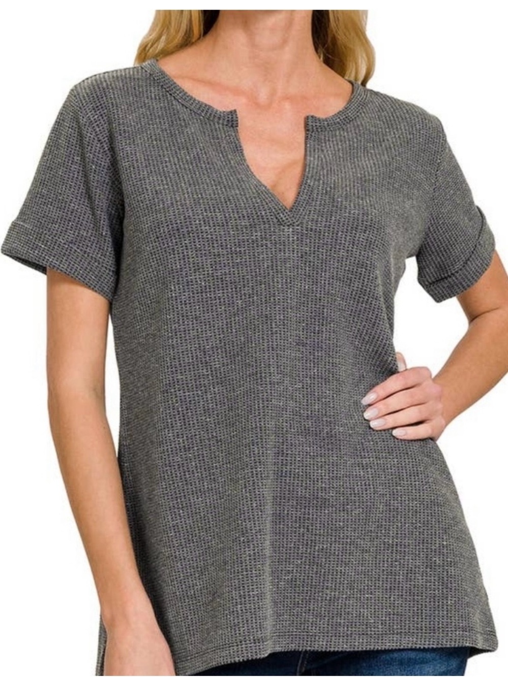 Zenana Outfitters Charcoal Waffle Notch-Neck Short Sleeve Tee